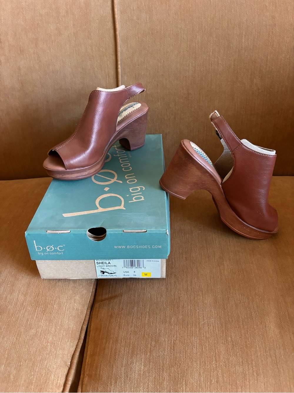 b.o.c. Chestnut Brown Leather Slingback Peep-Toe Block Heels